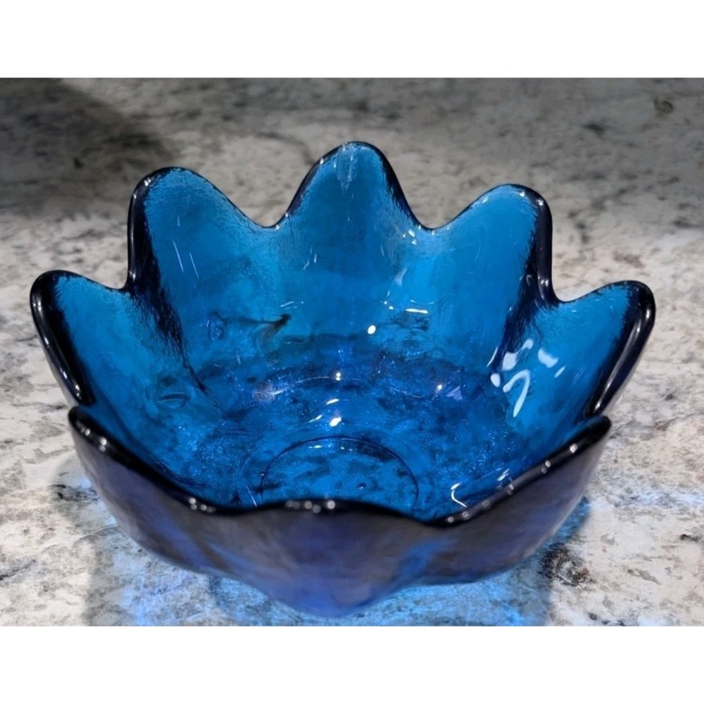 Vintage Blenko Cobalt Blue Art Glass Scalloped Petal Bowl Heavy Textured Glass
